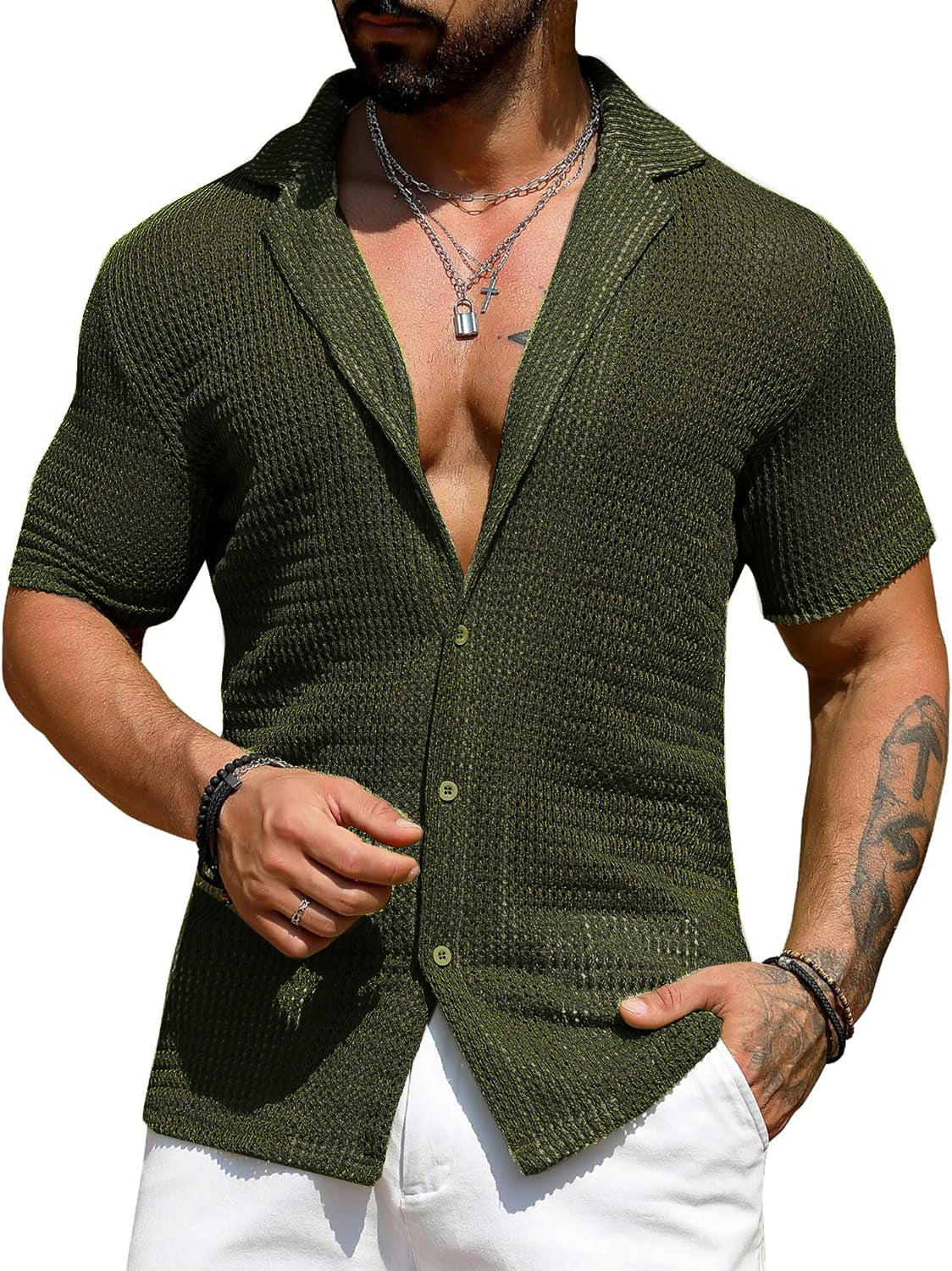 Men's Cardigan Shirt in Army Green - Relient