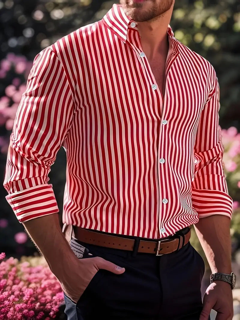 Men's Striped Long Sleeve Shirt in Coral Red - Relient